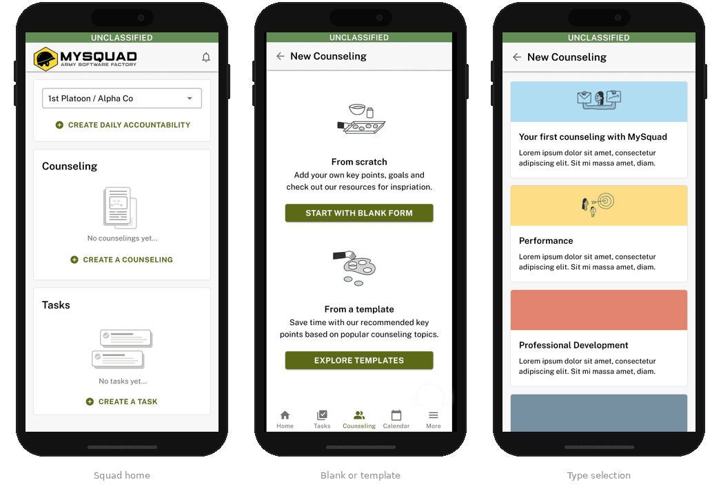 Counseling entry flow showing home screen, new counseling options, and type selection