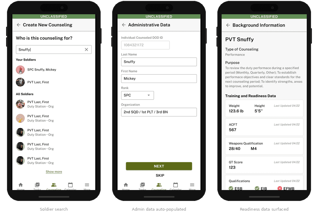 Session setup showing soldier search, admin data, and readiness information