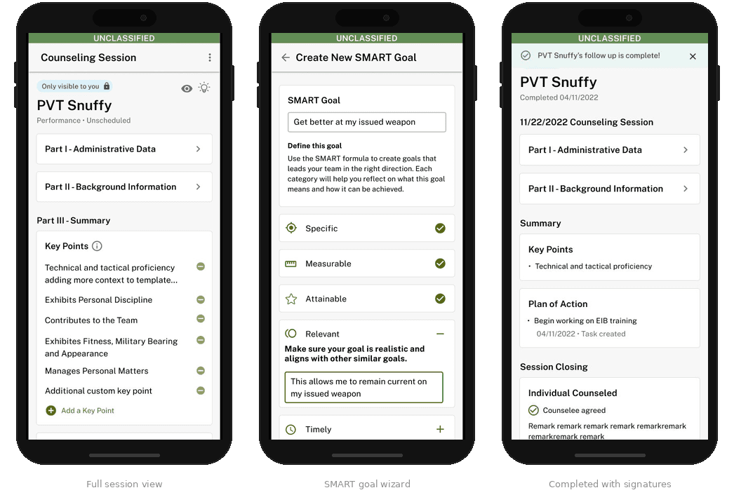 Session documentation showing full session view, SMART goal wizard, and completed counseling